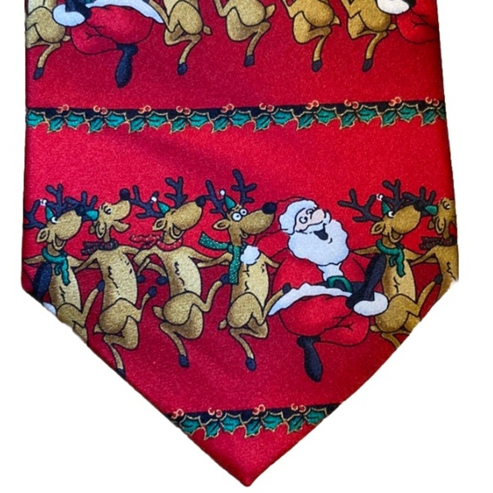 Festive Mens Novelty Christmas Tie Red‎ Santa Reindeer Dancing Whimsical Silk